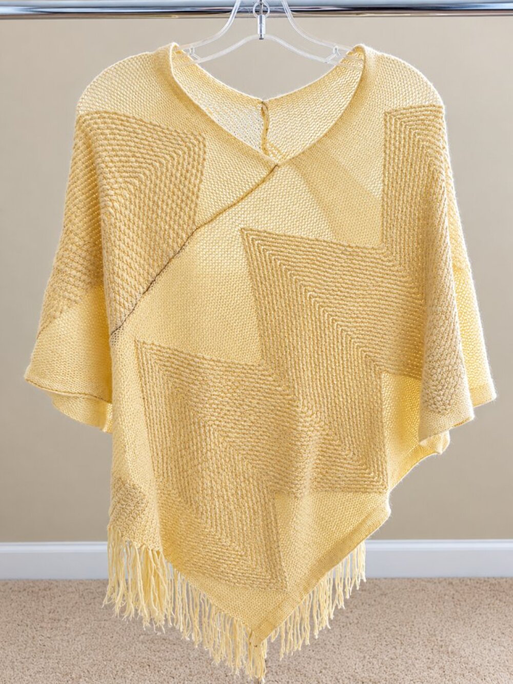 Cream Geometric Knit Fringe Poncho